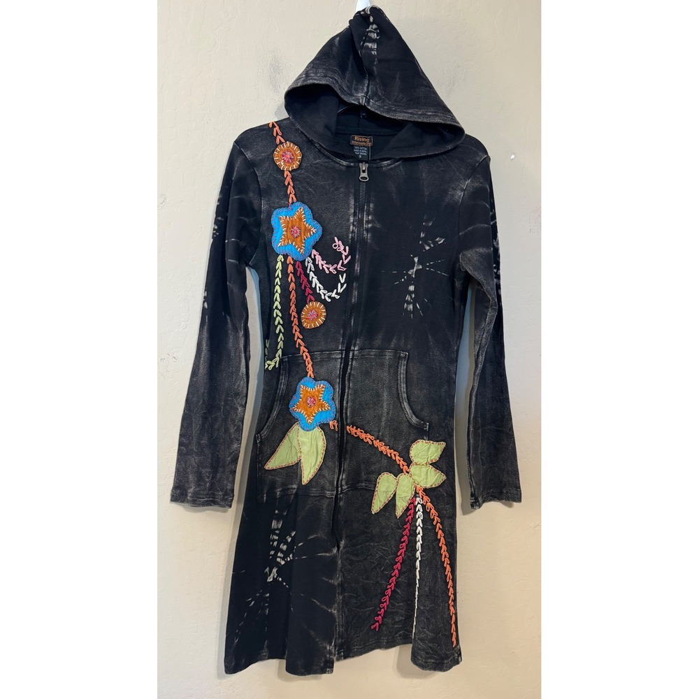 Rising International Hoodie Dress S Black Acid‎ Wash Floral Embroid Duster NEW